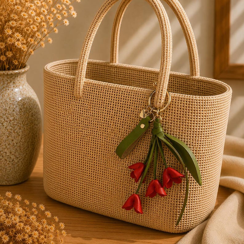 Puede incluir: Bolso tote tejido beige con dos asas y un llavero decorativo. El llavero presenta una correa de cuero verde y dijes rojos con forma de tulip&aacute;n. El bolso es rectangular con una apariencia texturizada.