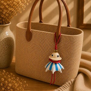 May include: A beige woven tote bag with brown leather handles and detailing. A decorative charm with a red cord hangs from the handle. The charm is a white and blue striped umbrella shape with a beige head.