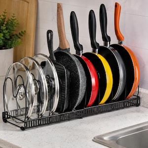 Expandable Pan Organizer Rack – Adjustable Pot Lid & Cookware Holder, Black