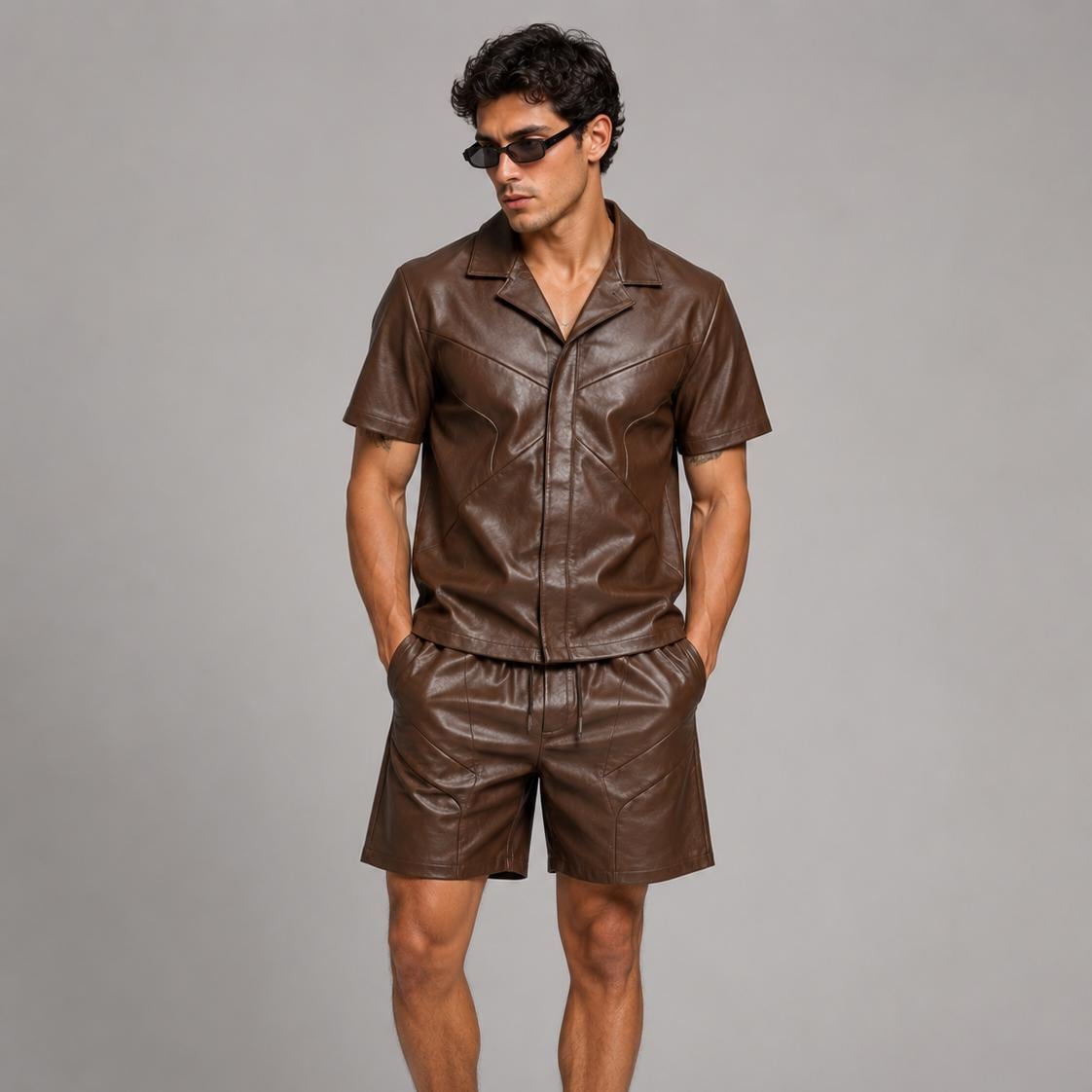 Men Brown Leather Summer Short Set, Handmade Two Piece Outfit, Button Shirt Drawstring Shorts, Casual Streetwear Fashion**