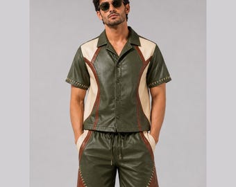 Olive Cowhide Leather Shorts Set Men Two Piece Outfit Contrast Panel Streetwear Button Shirt Drawstring Summer Co Ord