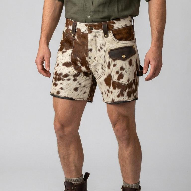 Men Cowhide Leather Shorts Western Ranch Hair On Hide Biker Motorcycle Rodeo Cowboy Festival Rustic Handmade Brown White