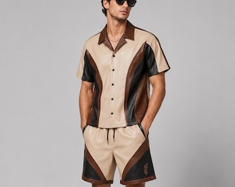 Men Leather Shirt Shorts Set Two Tone Matching Outfit Button Up Summer Streetwear Casual Resort Vacation Lounge Co Ord