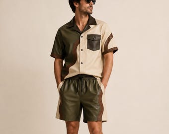 Men's Leather Co Ord Set Two Tone Resort Outfit Camp Collar Shirt And Short Sets Drawstring Shorts Contemporary Streetwear Fashion