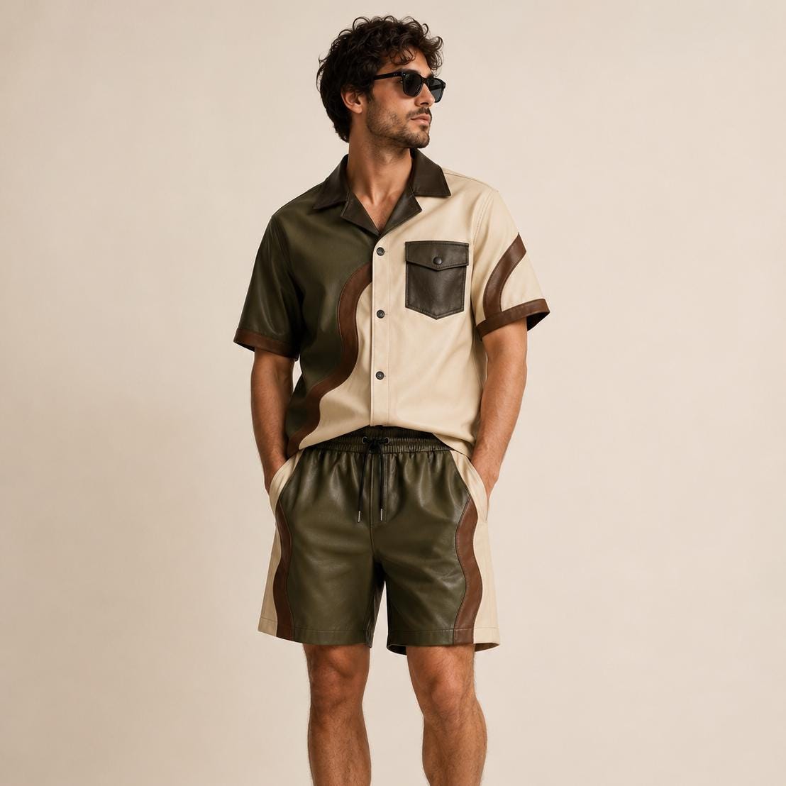 Men's Leather Co Ord Set Two Tone Resort Outfit Camp Collar Shirt And Short Sets Drawstring Shorts Contemporary Streetwear Fashion