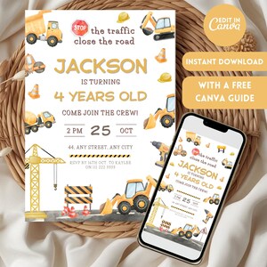 May include: A birthday invitation with a construction theme. The invitation features illustrations of construction vehicles, traffic cones, and a crane. The text reads "Jackson is turning 4 years old" and includes event details. A smartphone displays the invitation.
