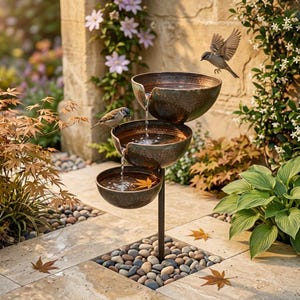Vaschetta per uccelli a 3 livelli in metallo con paletto, ciotola d'acqua rustica da giardino in stile fattoria, decorazione per esterni.