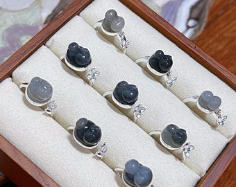 River Nephrite Jade - ~Plopping Kittenfuls~ Collection: Qinghua 925 Silver Rings, Size Adjustable [JC]