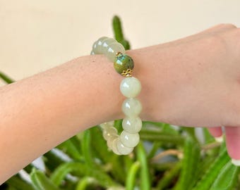Mountain Nephrite Jade - Spring Green Bracelet with Turquoise, 10mm