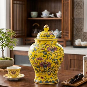 May include: A bright yellow ceramic ginger jar with a matching lid, featuring a colorful floral pattern with pink, blue, and green vines. A small matching teacup on a saucer sits to the left, and a wooden tea scoop rests on a tray to the right.