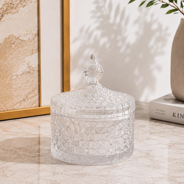Vintage Crystal-Style Glass Storage Jar with Lid, Diamond Cut Design