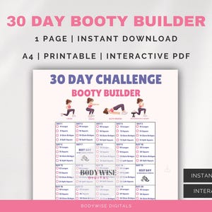 Può includere: Un piano di allenamento stampabile di 30 giorni per il Booty Builder. Il design rosa e bianco presenta il testo "30 DAY BOOTY BUILDER" e "30 DAY CHALLENGE BOOTY BUILDER". Il PDF A4 include esercizi e illustrazioni.