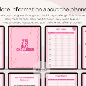 May include: Digital planner with pink pages, featuring a 75-day hard challenge journal. Includes trackers for meals, habits, sleep, and progress. The text "75 HARD CHALLENGE JOURNAL" is prominently displayed.