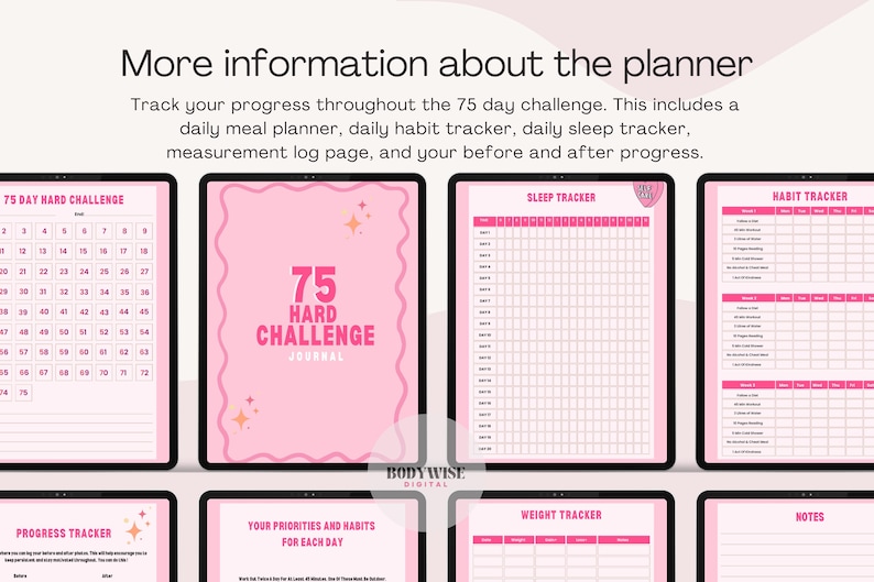 May include: Digital planner with pink pages, featuring a 75-day hard challenge journal. Includes trackers for meals, habits, sleep, and progress. The text "75 HARD CHALLENGE JOURNAL" is prominently displayed.