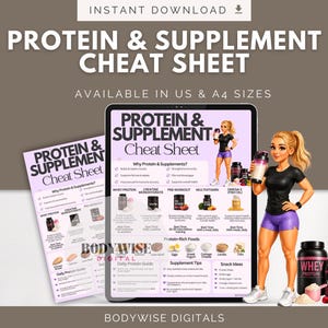May include: A digital Protein & Supplement Cheat Sheet document displayed on a tablet and a printed page. The guide features text, illustrations of supplements, and a cartoon character. Includes labels like Whey Protein, Creatine, and Daily Protein Guide.