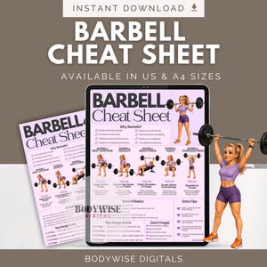 May include: A digital barbell cheat sheet displayed on a tablet and a printed page, featuring illustrations of exercises like deadlifts and squats, with text including Barbell Cheat Sheet, Why Barbells, and Bodywise Digitals in a light purple color.