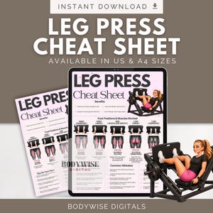 Könnte beinhalten: Ein digitales Beinpressen-Spickzettel-Dokument mit Text und Diagrammen zu Fußpositionen und Muskelbeanspruchung. Das Dokument enthält den Titel LEG PRESS Cheat Sheet, eine Grafik einer Person an einer Beinpresse und den Markennamen BODYWISE DIGITAL.
