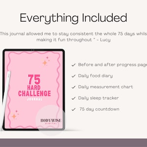 May include: A digital journal displayed on a tablet screen. The journal cover is pink with the text "75 HARD CHALLENGE JOURNAL". The image also includes a stylus and a list of features: before/after progress, food diary, measurement chart, sleep tracker, and 75-day countdown.