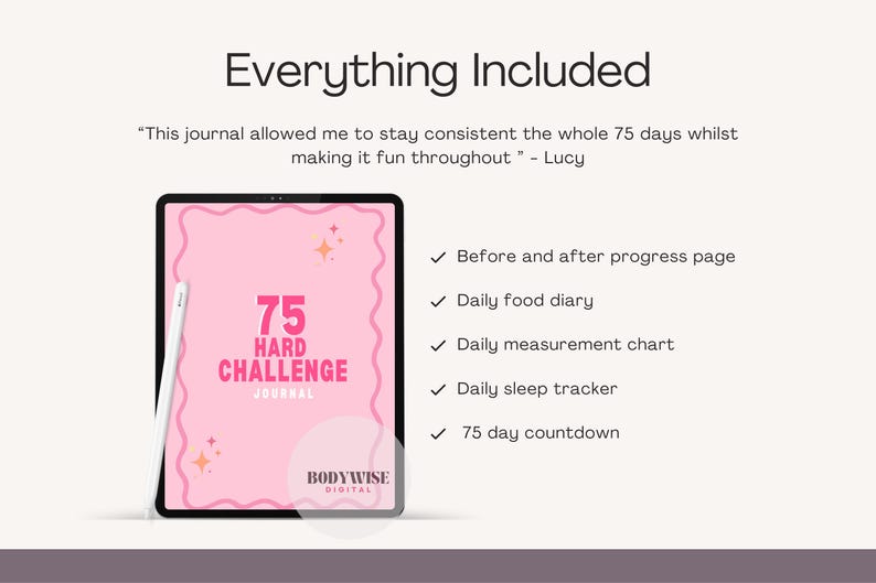 May include: A digital journal displayed on a tablet screen. The journal cover is pink with the text "75 HARD CHALLENGE JOURNAL". The image also includes a stylus and a list of features: before/after progress, food diary, measurement chart, sleep tracker, and 75-day countdown.