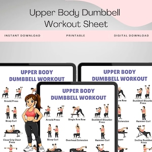 May include: Digital workout sheet titled "Upper Body Dumbbell Workout" displayed on three tablets. The sheet features illustrations of exercises, including Arnold Press, Bicep Curl, and Hammer Curl. A cartoon woman is standing next to the tablet.