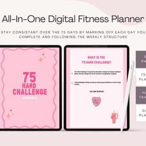 May include: Digital fitness planner with a pink cover that says "75 Hard Challenge Journal." The planner includes a 75-day planner, habit tracker, and daily planner. The text "All-In-One Digital Fitness Planner" is at the top.
