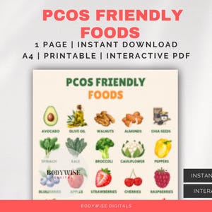May include: A digital chart titled PCOS FRIENDLY FOODS featuring illustrations of avocado, olive oil, walnuts, almonds, chia seeds, spinach, kale, broccoli, cauliflower, peppers, blueberries, apples, strawberries, cherries, and raspberries.