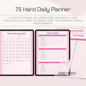 May include: Digital 75 Hard Daily Planner with pink and white design. Includes a 75-day challenge tracker, habit tracker, and sleep tracker. The planner is designed for weekly gym structure, meal planning, habit tracking, and measurements.