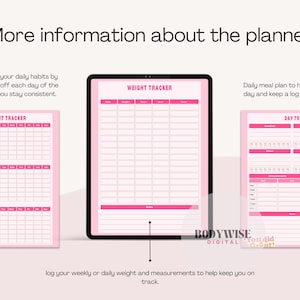 May include: A digital planner with pink and white pages displayed on a tablet and two sheets of paper. The planner includes habit tracking, weight tracking, and a daily meal plan. Text on the image says "More information about the planner."