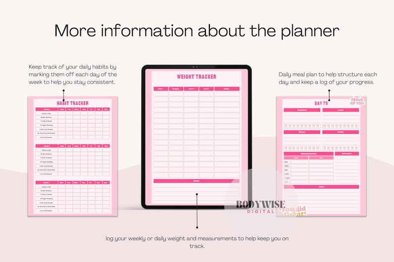 May include: A digital planner with pink and white pages displayed on a tablet and two sheets of paper. The planner includes habit tracking, weight tracking, and a daily meal plan. Text on the image says "More information about the planner."
