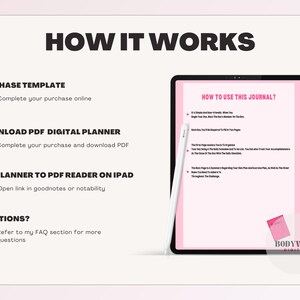 May include: A digital planner guide with the title "How It Works" and instructions on how to use the journal. The image includes a tablet with a pink screen, a stylus, and the Bodywise logo.