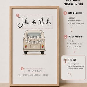 Peut inclure: Une affiche personnalis&eacute;e encadr&eacute;e avec les noms Julia & Markus en &eacute;criture noire, une illustration de van beige avec une banni&egrave;re Just Married et la date 13 | 05 | 2026. Le texte Von Herzen alles Liebe zur Hochzeit est inscrit en bas.