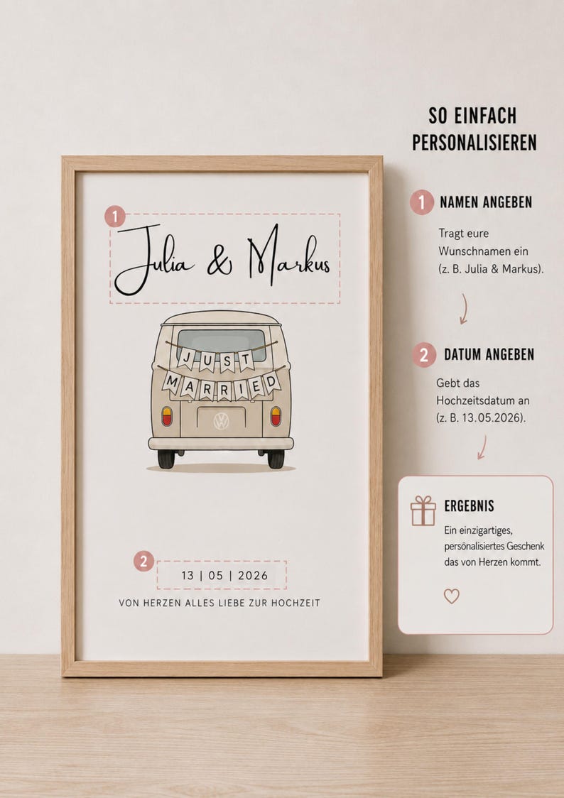 Peut inclure: Une affiche personnalis&eacute;e encadr&eacute;e avec les noms Julia & Markus en &eacute;criture noire, une illustration de van beige avec une banni&egrave;re Just Married et la date 13 | 05 | 2026. Le texte Von Herzen alles Liebe zur Hochzeit est inscrit en bas.