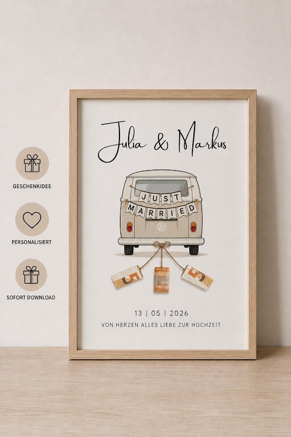 Personalisiertes Hochzeitsgeschenk mit Namen & Datum | VW Bulli | Geldgeschenk Hochzeit | Digitaler Download | Poster zum Selbstausdrucken