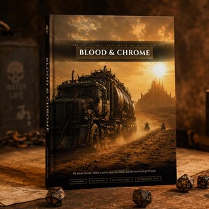 May include: A hardcover roleplaying game book titled Blood & Chrome featuring a dark fantasy post-apocalyptic illustration of a large tanker truck driving through a desert landscape toward a distant castle under a golden sunset sky.