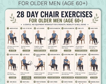 28 Day Chair Exercises For Older Men Printable, Seated Exercise Chart, Full Body Seated Workout, Gentle Elderly Home Fitness PDF