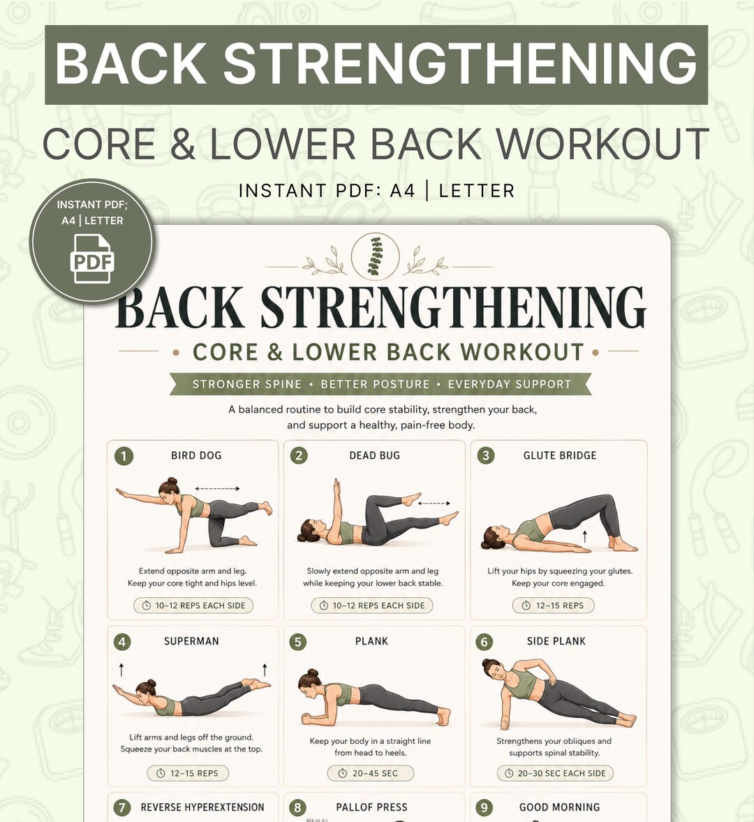 Back Strengthening Exercises Printable | Core and Lower Back Workout ...