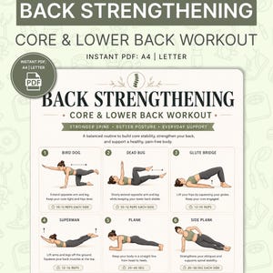 May include: A printable PDF workout guide for back strengthening and core exercises. The guide includes illustrated instructions for exercises like Bird Dog, Dead Bug, Glute Bridge, Superman, Plank, and Side Plank. The text reads "Back Strengthening Core & Lower Back Workout."