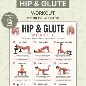 Utskrivbar poster för höft- och sätesträning | Diagram för kroppsviktsträning för hemmabruk utan utrustning | Väggkonst för sätesstyrka och fitness | Direktnedladdning