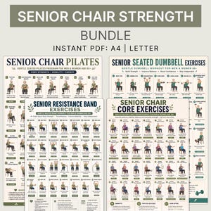 Puede incluir: Un paquete digital de cuatro tablas de ejercicios tituladas Senior Chair Strength, Senior Chair Pilates, Senior Seated Dumbbell Exercises, Senior Resistance Band Exercises y Senior Chair Core Exercises, con ilustraciones de movimientos sentados.