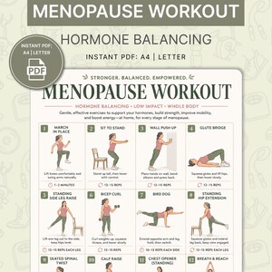 May include: A printable PDF workout guide titled "Menopause Workout" with exercises for hormone balancing, low impact, and whole body fitness. The guide includes illustrations and instructions for 12 exercises.
