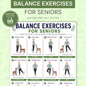 May include: A printable PDF guide titled "Balance Exercises for Seniors" with illustrations of balance exercises. The guide includes instructions for exercises like support stand, heel raises, march in place, and side leg lift. The PDF is available in A4 and Letter sizes.