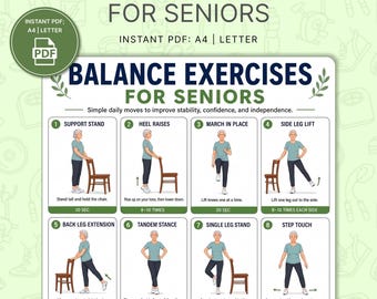 Utskrivbar poster med balansövningar för seniorer | Diagram för fallförebyggande stabilitetsträning Hem | Väggkonst för skonsam seniorträning | Ladda ner PDF