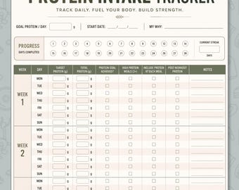 Protein Intake Tracker Printable, Daily Weekly Log For Protein Goals, Track Daily Fuel Your Body Build Strength Chart PDF