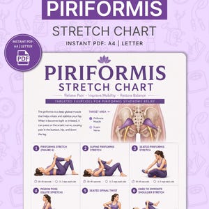 May include: A purple and white Piriformis Stretch Chart, available as an instant PDF. The chart details exercises for piriformis syndrome relief, including stretches like Supine Piriformis and Seated Spinal Twist. The chart includes illustrations and instructions.