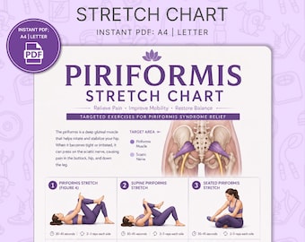 Stretchdiagram för piriformis syndrom, utskrivbart | Övningar för lindring av piriformis syndrom | Rutinguide för mobilitet i sätesmuskler och höfter, digitalt PDF