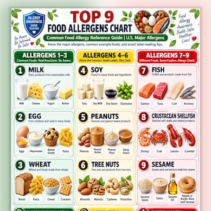 May include: A Top 9 Food Allergens Chart featuring illustrations of common allergens categorized into nine groups. The chart includes text labels for milk, egg, wheat, soy, peanuts, tree nuts, fish, crustacean shellfish, and sesame with food examples.
