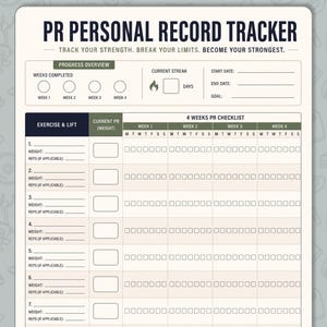 May include: A cream-colored PR Personal Record Tracker fitness log with dark blue text. It features sections for progress overview, current streak, start and end dates, goals, and a 4-week checklist for tracking exercises, weights, and reps.