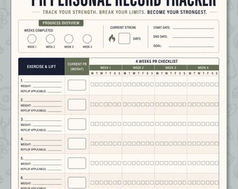 PR Personal Rekord Tracker Druckbar, Verfolgen Sie Ihre Stärke, brechen Sie Ihre Grenzen, 4-Wochen-Fortschrittsdiagramm PDF