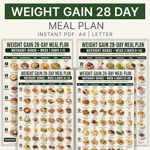 May include: A 28-day weight gain meal plan presented as a digital PDF document in A4 and Letter sizes. The charts feature daily schedules for breakfast, snacks, lunch, and dinner, illustrated with small food images and nutrient-dense meal lists.