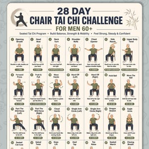 28 Day Chair Tai Chi Challenge For Men Printable, Seated Tai Chi Program, Chair Workout For Senior Men, Balance Strength Mobility PDF